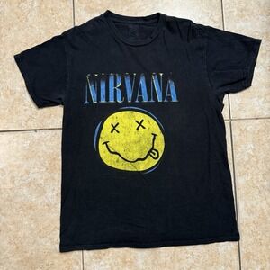 Nirvana Smiley Face T Shirt Band Tee Music Graphic‎ Print Black